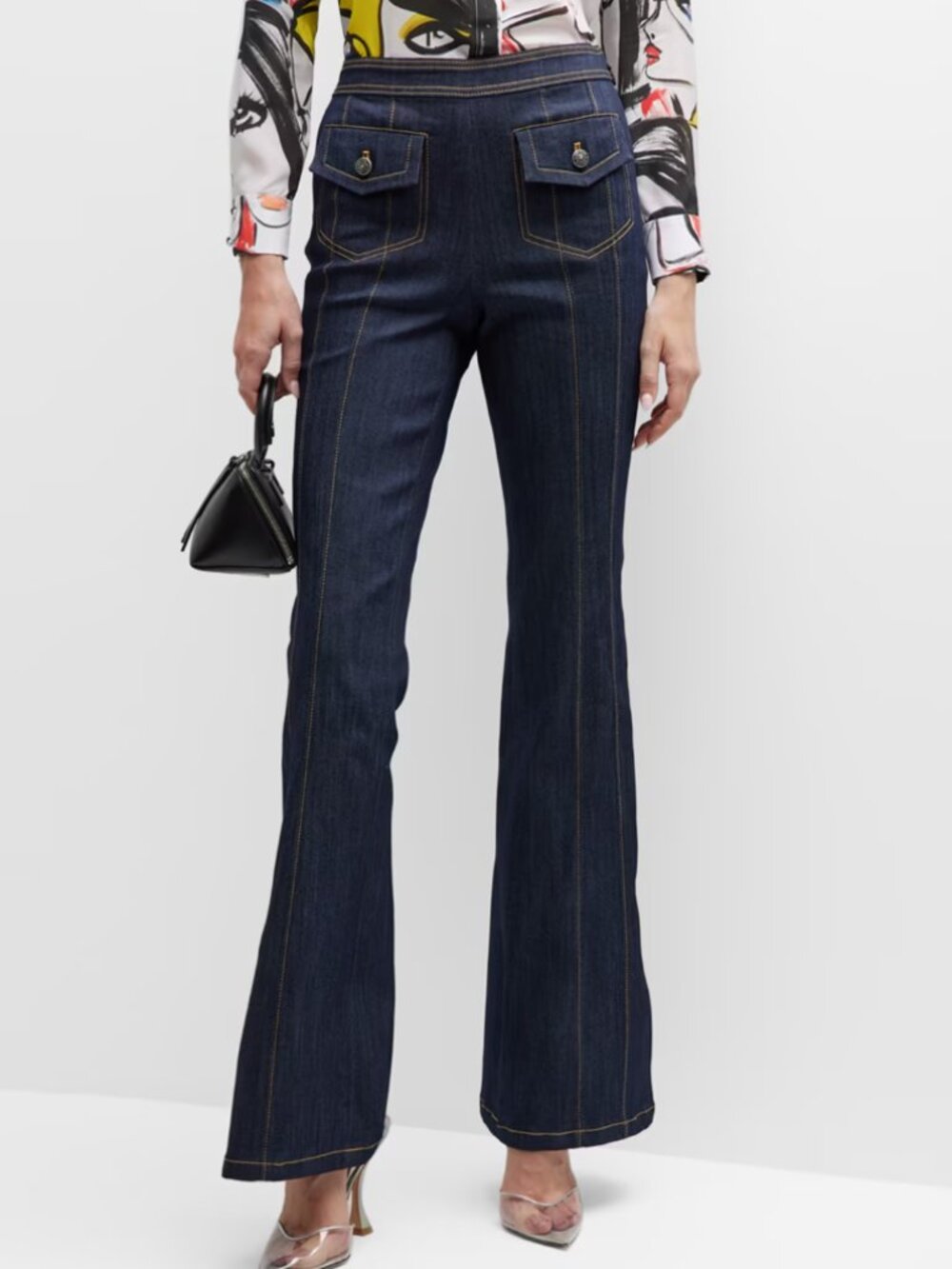Cinq à Sept Eileen High Rise Topstitch Detail Flare Leg Jeans in Indigo Size 2